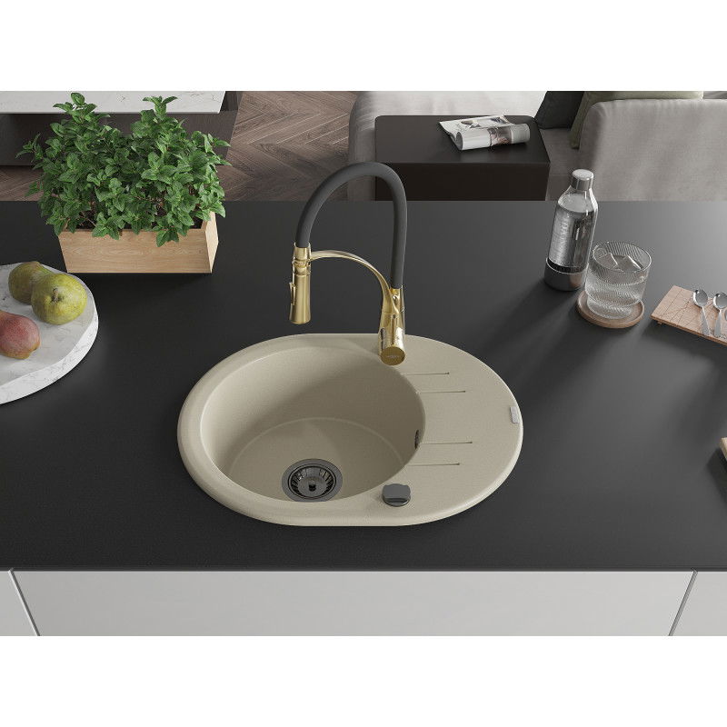 Mexen Kevin single-bowl granite sink with drainer and Aster kitchen tap, beige - 6517-69-73450-57-B