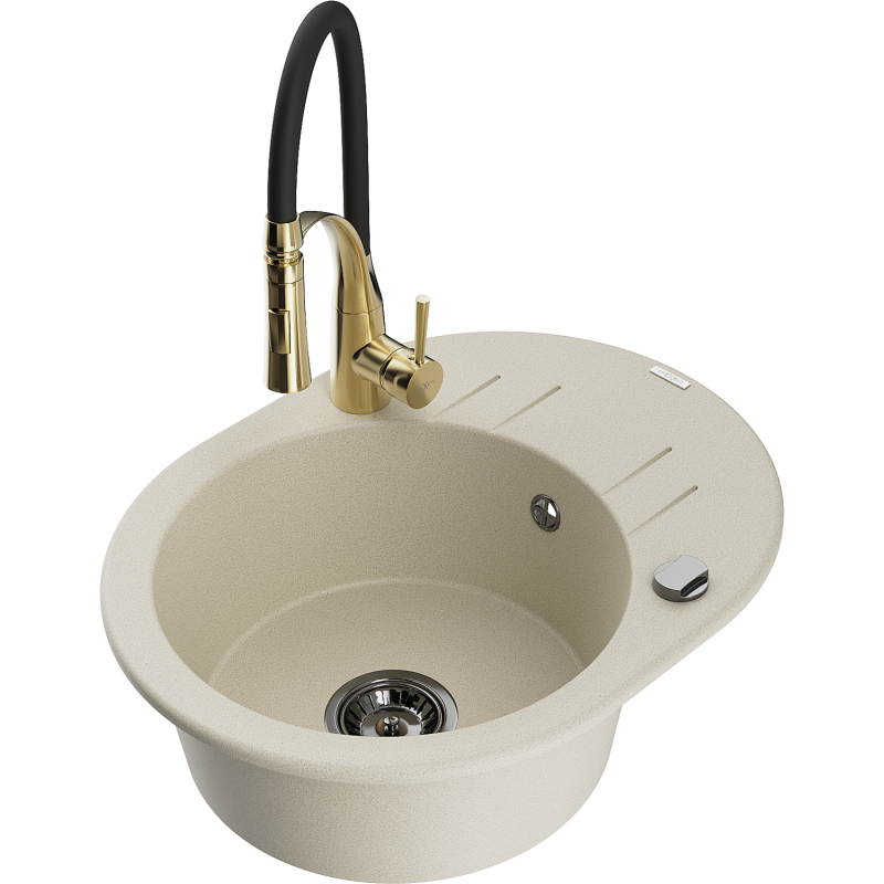 Mexen Kevin fregadero de granito de 1 cámara con escurridor y grifo de cocina Aster, beige - 6517-69-73450-57-B