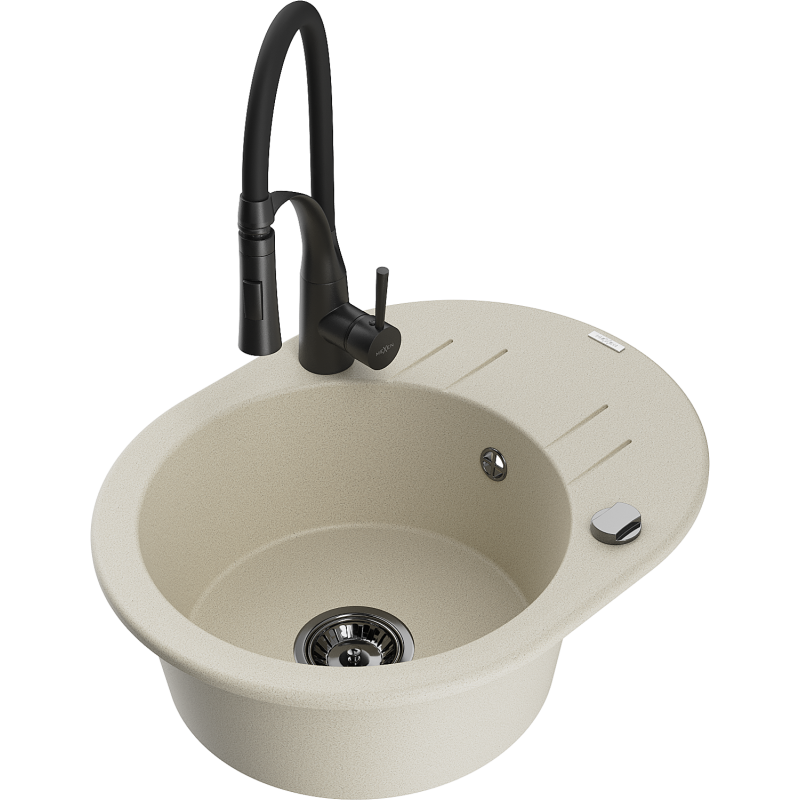 Mexen Kevin évier en granit 1 bac avec égouttoir et robinet de cuisine Aster, beige - 6517-69-73450-70-B