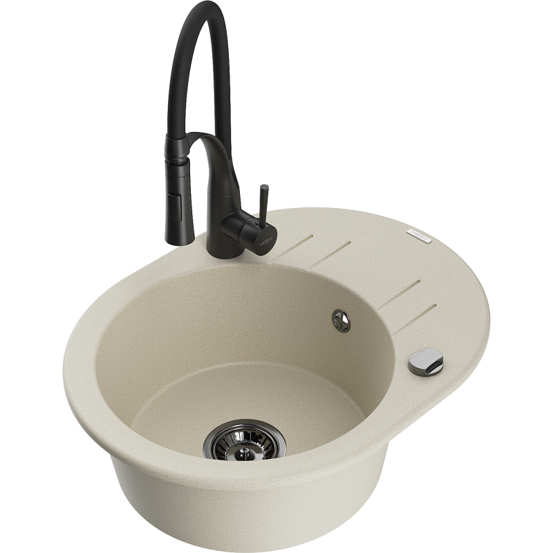 Mexen Kevin granīta izlietne ar vienu kameru un noteces virsmu un virtuves jaucējkrānu Aster, bēšs - 6517-69-73450-70-B