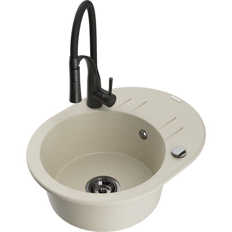Mexen Kevin granitspüle 1-becken mit abtropffläche und küchenarmatur Aster, beige - 6517-69-73450-70-B