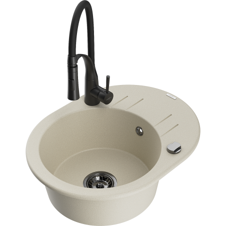 Mexen Kevin granitische gootsteen 1-kompartement met afdruiprek en keukenmengkraan Aster, beige - 6517-69-73450-70-B