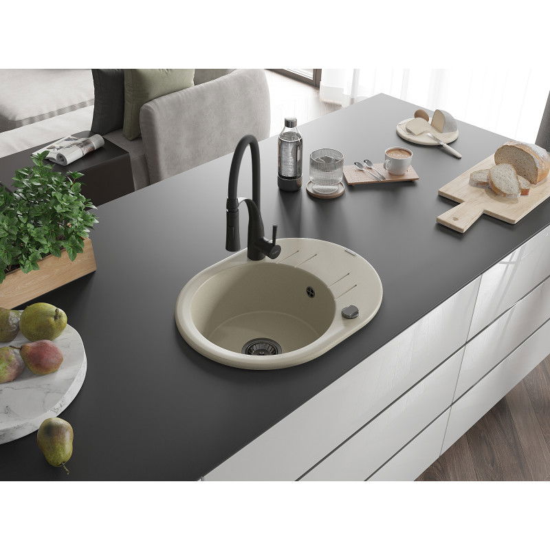 Mexen Kevin lavello in granito a 1 vasca con scolapiatti e miscelatore da cucina Aster, beige - 6517-69-73450-70-B