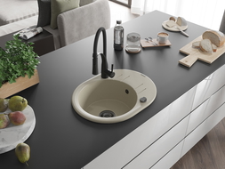 Mexen Kevin fregadero de granito de 1 cubeta con escurridor y grifo de cocina Aster, beige - 6517-69-73450-70-B