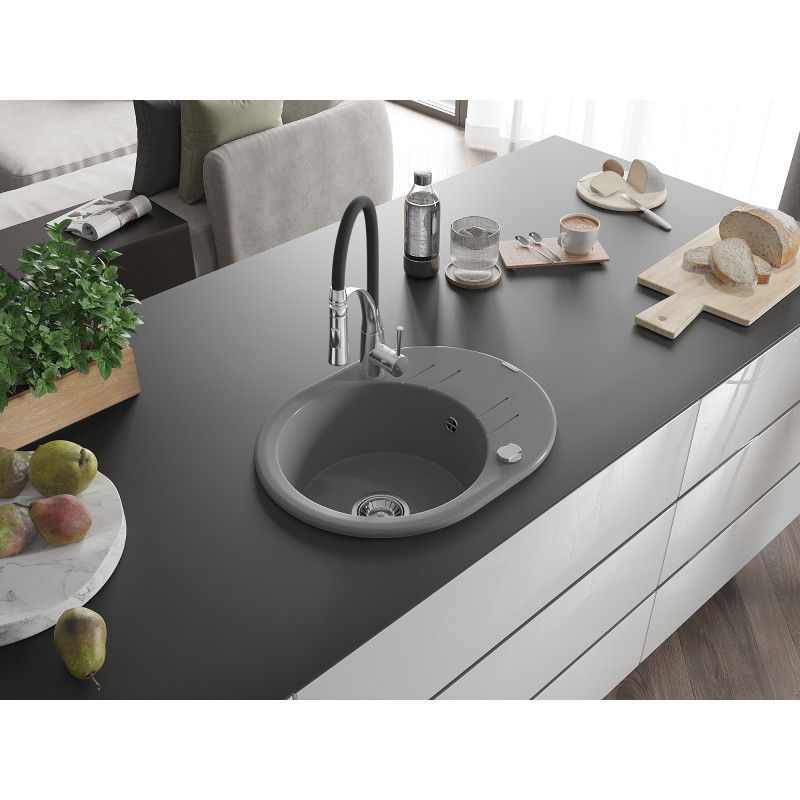 Mexen Kevin Granitspüle 1-becken mit Abtropffläche und Küchenarmatur Aster, grau - 6517-71-73450-07