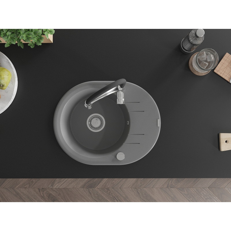 Mexen Kevin fregadero de granito de 1 cámara con escurridor y grifo de cocina Aster, gris - 6517-71-73450-07