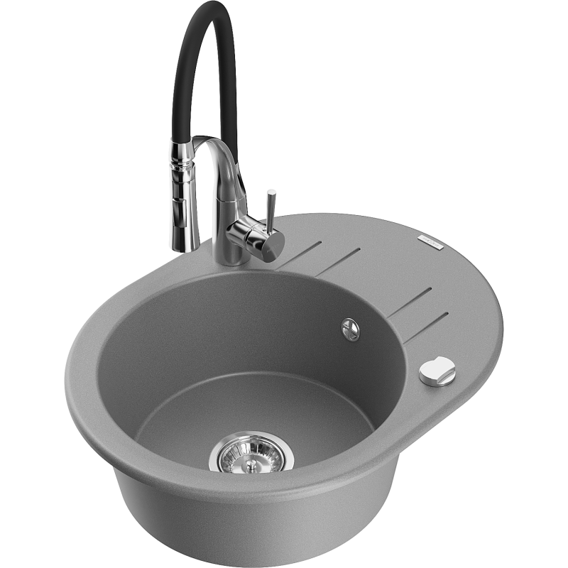 Mexen Kevin fregadero de granito de 1 cubeta con escurridor y grifo de cocina Aster, gris - 6517-71-73450-07