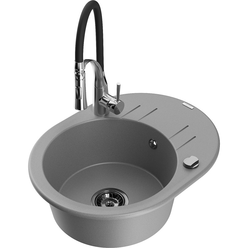 Mexen Kevin fregadero de granito de 1 cámara con escurridor y grifo de cocina Aster, gris - 6517-71-73450-07-B