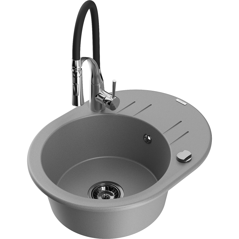 Mexen Kevin lava-loiça de granito de 1 cuba com escorredor e torneira de cozinha Aster, cinza - 6517-71-73450-07-B