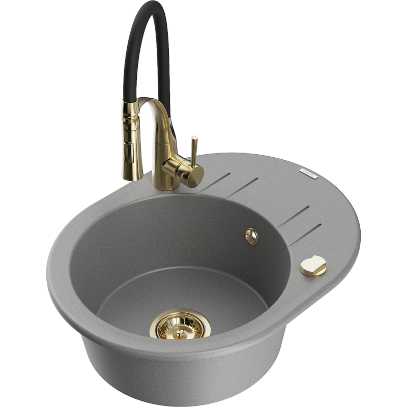 Mexen Kevin Granitspüle 1-becken mit Abtropffläche und Küchenarmatur Aster, grau - 6517-71-73450-57-G