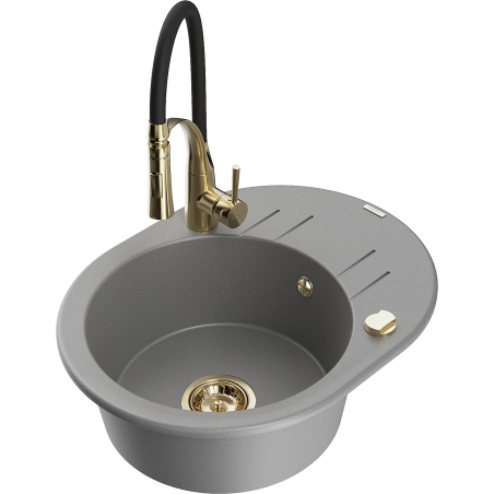Mexen Kevin granite kitchen sink 1-bowl with drainer and Aster kitchen faucet, gray - 6517-71-73450-57-G