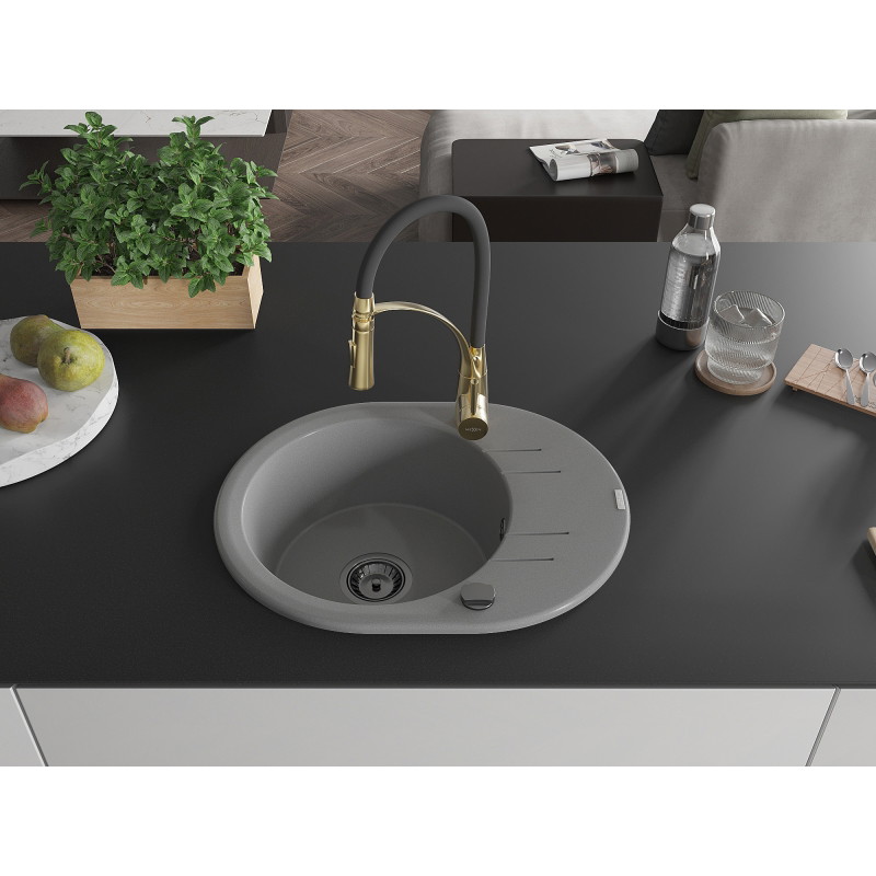 Mexen Kevin fregadero de granito de 1 seno con escurridor y grifo de cocina Aster, gris - 6517-71-73450-57-B