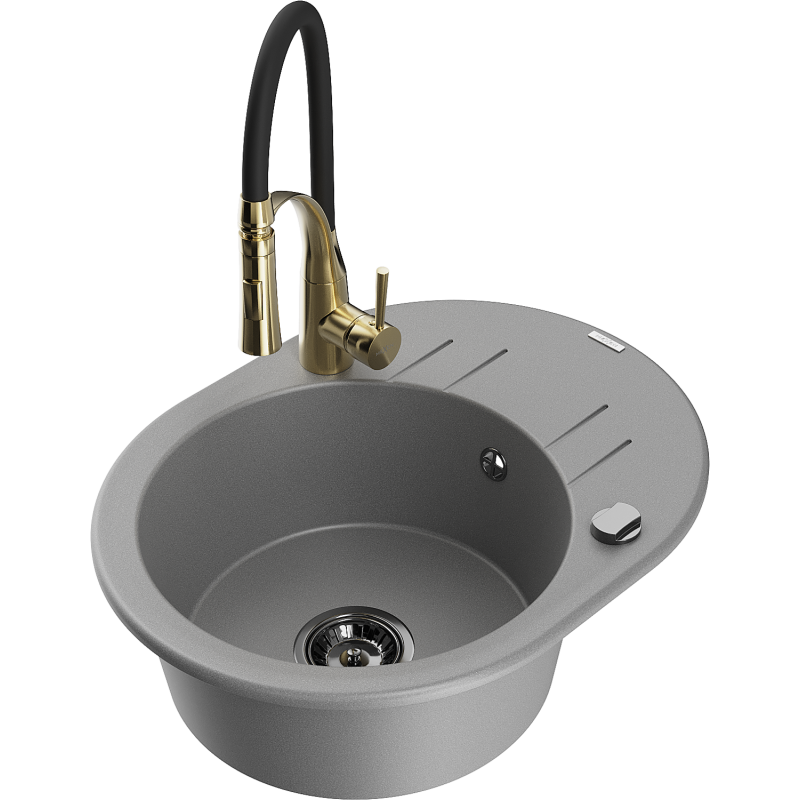 Mexen Kevin granite kitchen sink 1-bowl with drainer and Aster kitchen tap, grey - 6517-71-73450-57-B