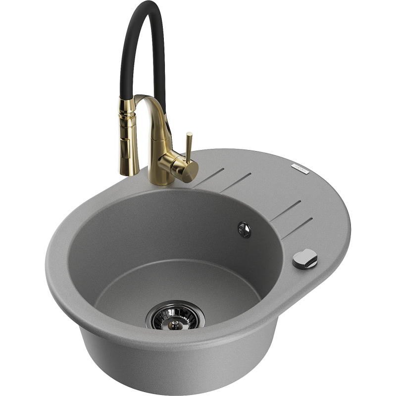 Mexen Kevin lava-louça de granito de 1 bacia com escorredor e torneira de cozinha Aster, cinza - 6517-71-73450-57-B