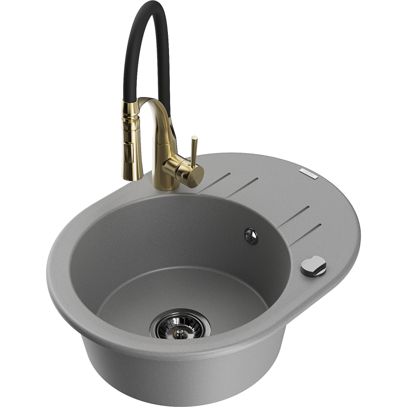 Mexen Kevin lavello in granito a una vasca con sgocciolatoio e rubinetto da cucina Aster, grigio - 6517-71-73450-57-B