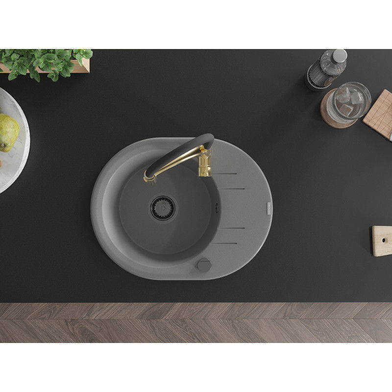 Mexen Kevin granite kitchen sink 1-bowl with drainer and Aster kitchen tap, grey - 6517-71-73450-57-B