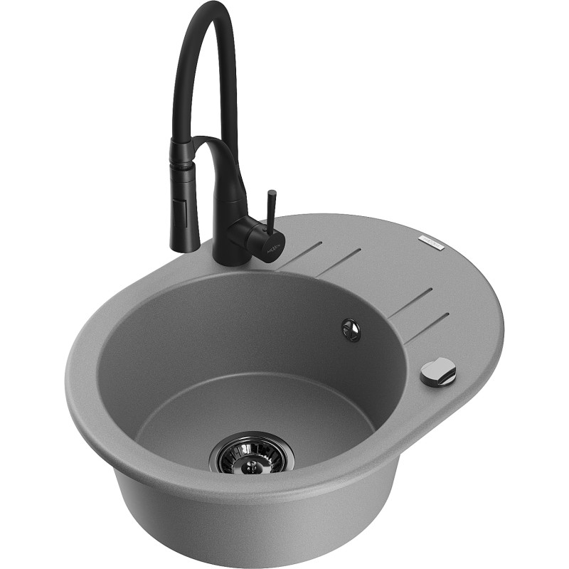 Mexen Kevin fregadero de granito de 1 seno con escurridor y grifo de cocina Aster, gris - 6517-71-73450-70-B