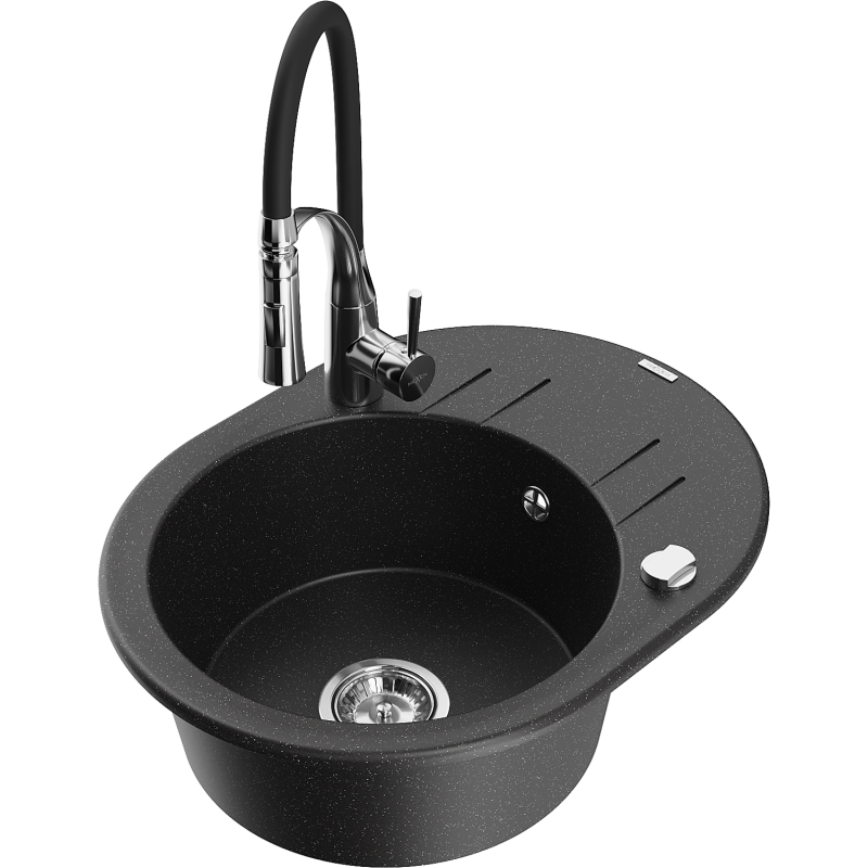 Mexen Kevin granitdiskho med 1-låda med avrinning och köksblandare Aster, svart/silvrig metallic - 6517-73-73450-07
