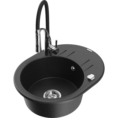 Mexen Kevin granite sink 1-bowl with drainer and Aster kitchen faucet, black/silver metallic - 6517-73-73450-07