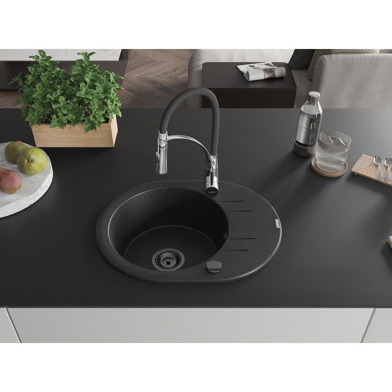 Mexen Kevin Granite Sink 1-Bowl with Drainer and Kitchen Tap Aster, Black/Silver Metallic - 6517-73-73450-07-B