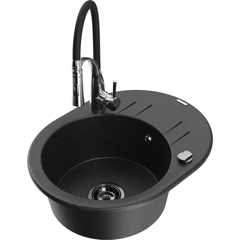 Mexen Kevin fregadero de granito de 1 seno con escurridor y grifo de cocina Aster, negro/metalizado plateado
