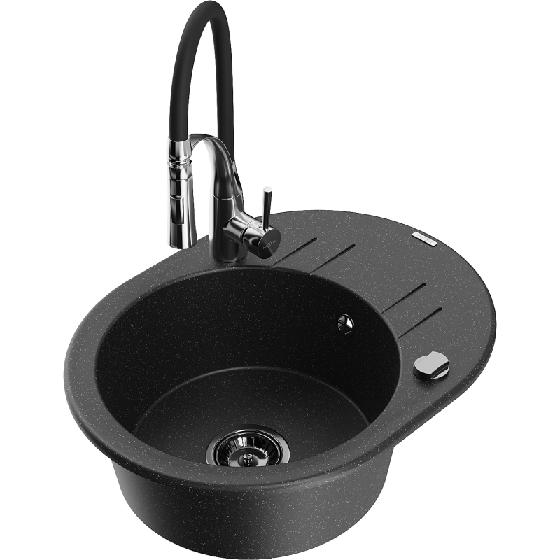 Mexen Kevin Granite Sink 1-Bowl with Drainer and Kitchen Tap Aster, Black/Silver Metallic - 6517-73-73450-07-B