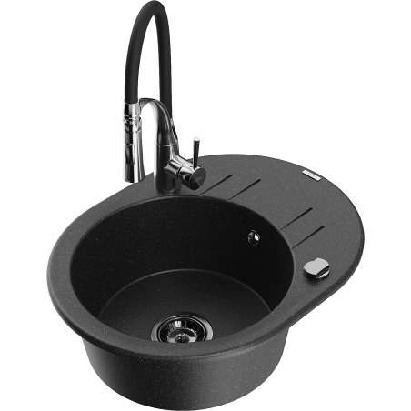 Mexen Kevin Granite Sink 1-Bowl with Drainer and Kitchen Tap Aster, Black/Silver Metallic - 6517-73-73450-07-B