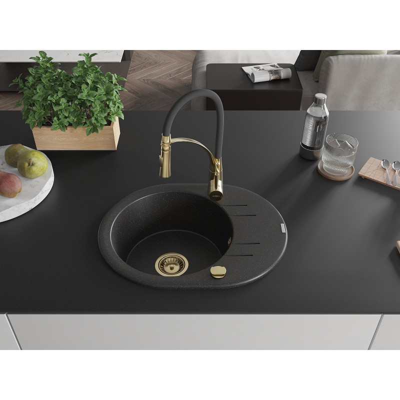 Mexen Kevin granitische spoelbak met 1 bak en afdruiprek en keukenmengkraan Aster, zwart/zilver metallic - 6517-73-73450-57-G