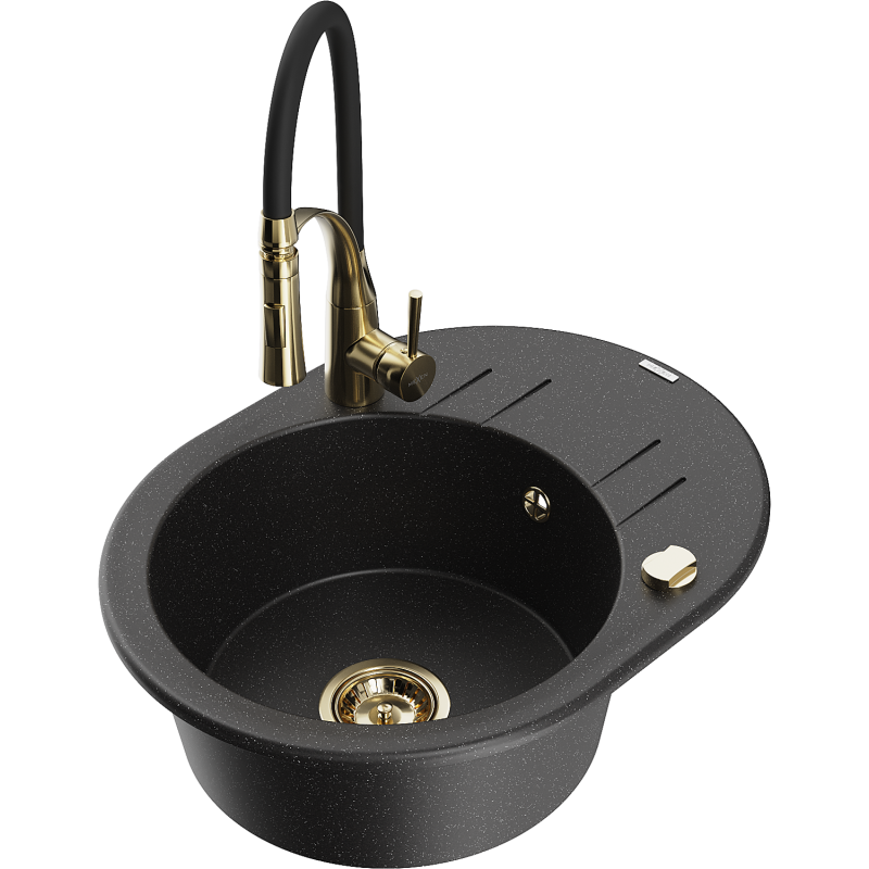 Mexen Kevin Granite Kitchen Sink 1-Bowl with Drainer and Aster Kitchen Tap, Black/Silver Metallic - 6517-73-73450-57-G