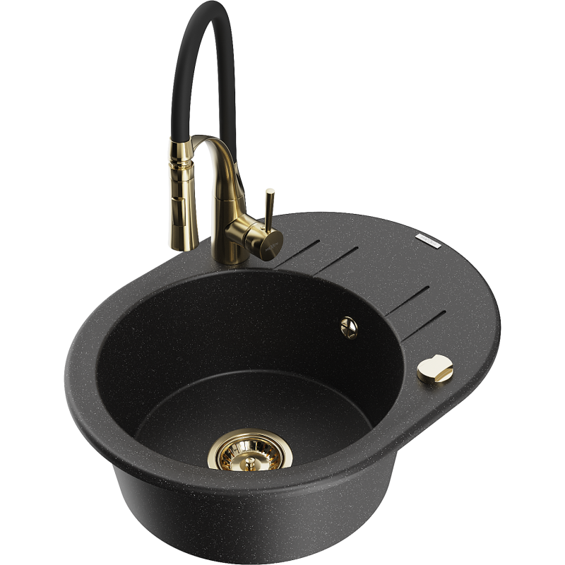 Mexen Kevin lavello in granito 1 vasca con scolapiatti e rubinetto da cucina Aster, nero/argento metallizzato