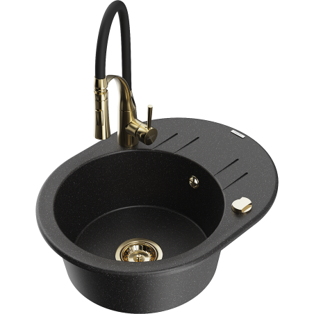 Mexen Kevin granite sink 1-bowl with drainer and kitchen faucet Aster, black/silver metallic - 6517-73-73450-57-G