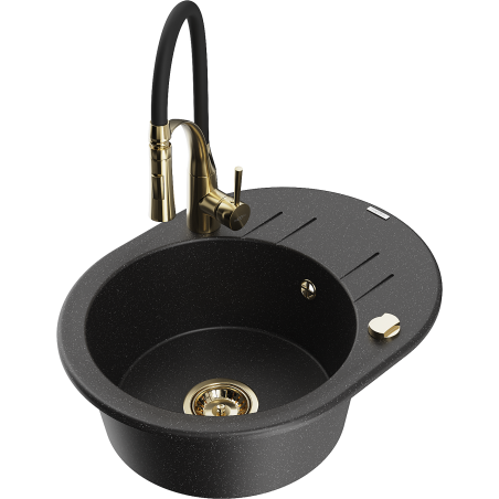 Mexen Kevin lavello in granito 1 vasca con scolapiatti e rubinetto da cucina Aster, nero/argento metallizzato