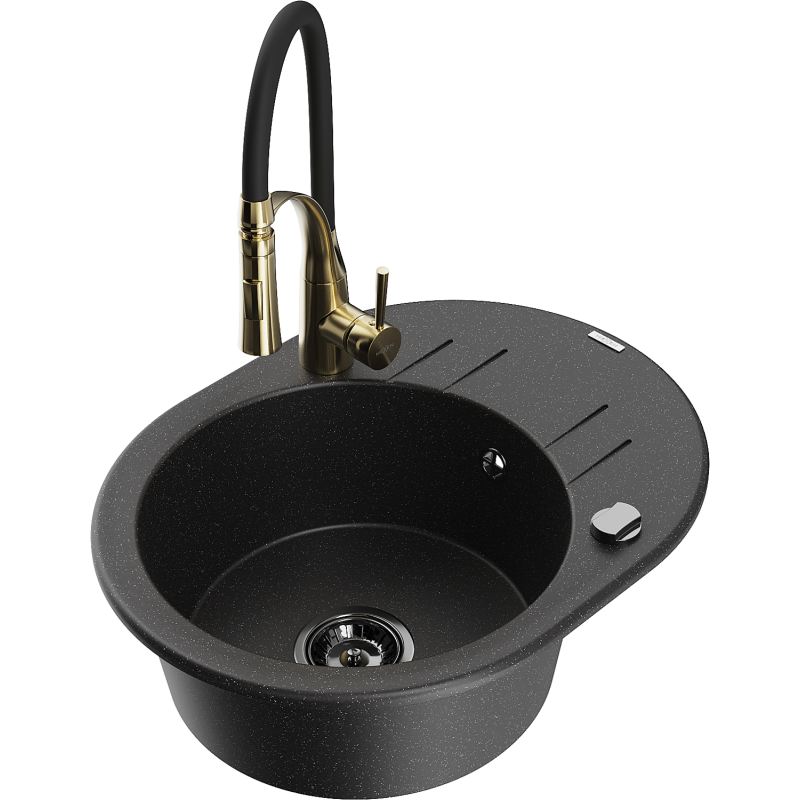 Mexen Kevin fregadero de granito de 1 seno con escurridor y grifo de cocina Aster, negro/plata metálica - 6517-73-73450-57-B