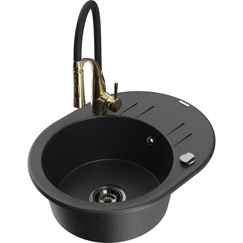 Mexen Kevin granitische spoelbak met 1 bak, afdruiprek en keukenmengkraan Aster, zwart/zilveren metallic - 6517-73-73450-57-B