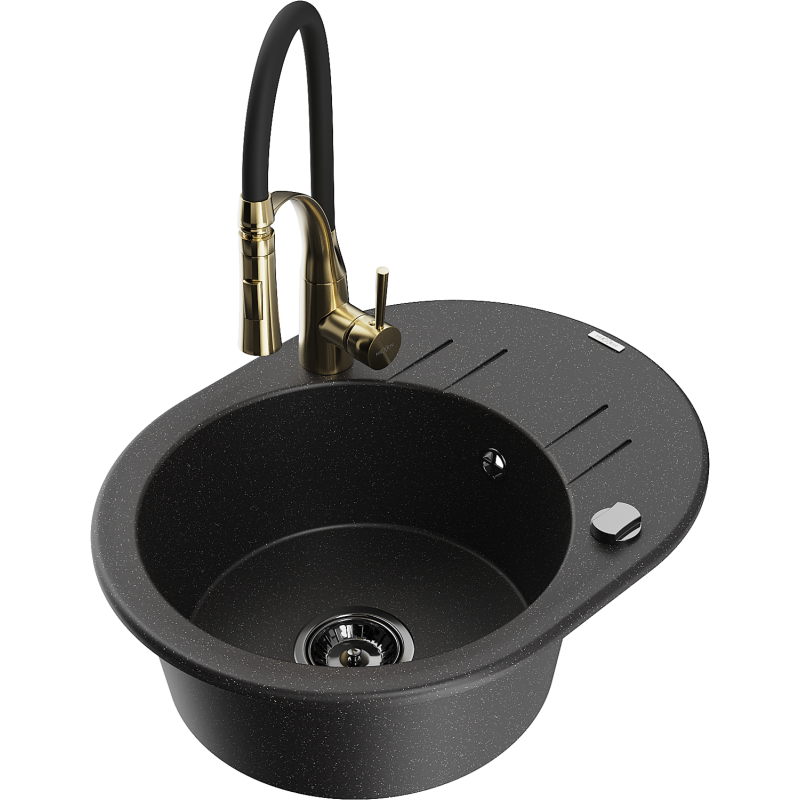 Mexen Kevin lava-loiça em granito 1-cuba com escorredor e torneira de cozinha Aster, preto/prateado metálico