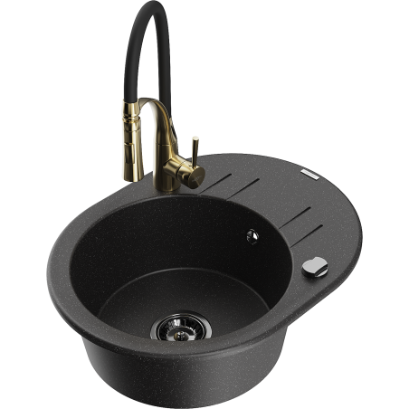 Mexen Kevin granitizlietne viena nodalījuma ar noteces vietu un virtuves jaucējkrānu Aster, melns/sudraba metāliska krāsa