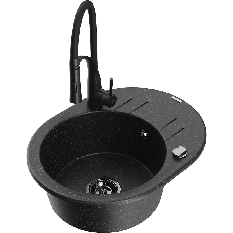 Mexen Kevin lava-loiça de granito de 1 cubas com escorredor e torneira de cozinha Aster, preto/prateado metálico