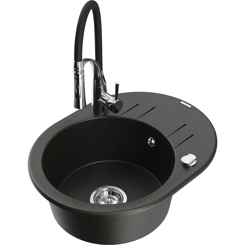 Mexen Kevin 1-komparty granieten spoelbak met afdruiprek en keukenmengkraan Aster, zwart/goud metallic - 6517-75-73450-07