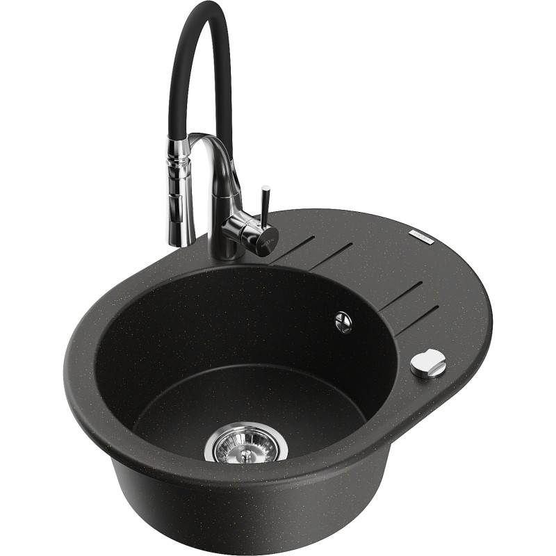 Mexen Kevin fregadero de granito de 1 cámara con escurridor y grifo de cocina Aster, negro/dorado metálico - 6517-75-73450-07
