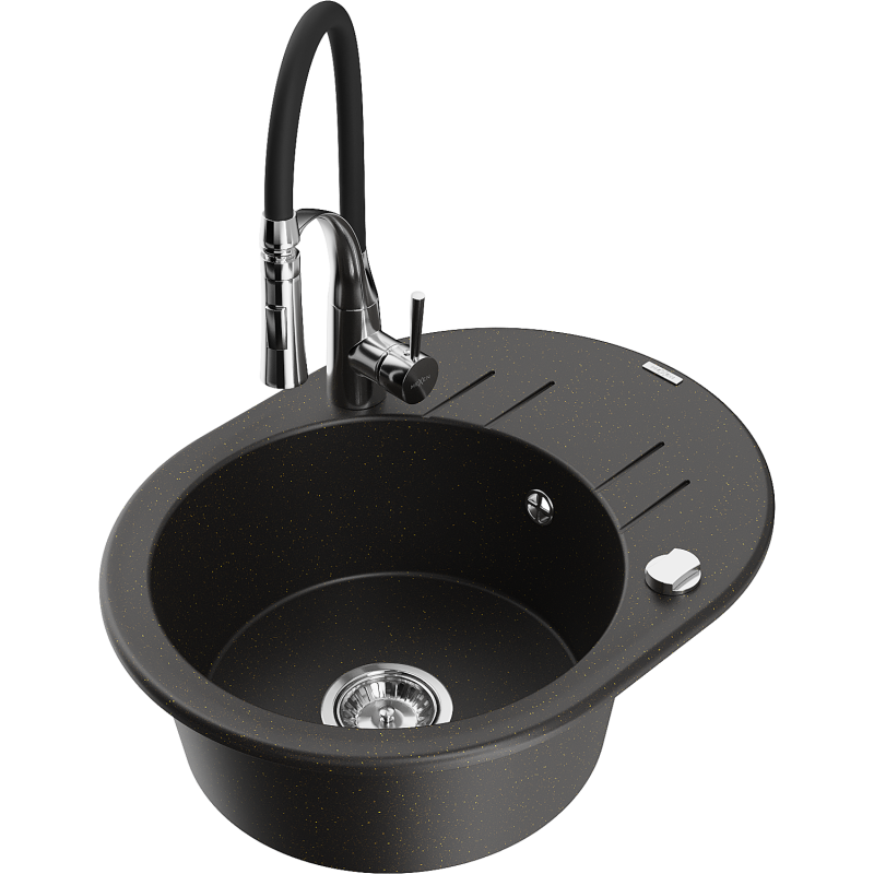 Mexen Kevin fregadero de granito de 1 seno con escurridor y grifo de cocina Aster, negro/dorado metálico - 6517-75-73450-07