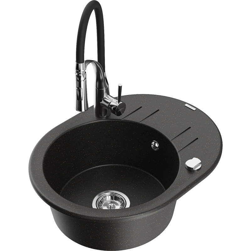 Mexen Kevin granitdiskbänk med en kammare med avrinningsyta och köksblandare Aster, svart/guld metallic - 6517-75-73450-07