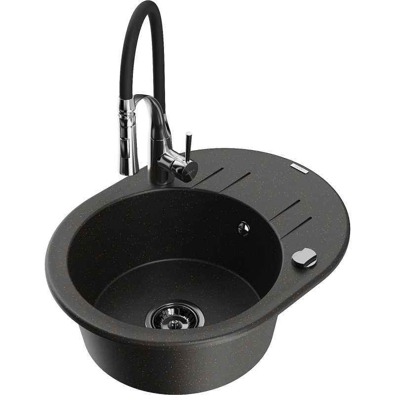 Mexen Kevin 1-bowl granite sink with drainer and Aster kitchen tap, black/gold metallic - 6517-75-73450-07-B