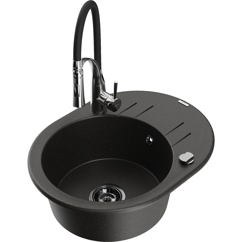 Mexen Kevin fregadero de granito de 1 cubeta con escurridor y grifo de cocina Aster, negro/dorado metálico - 6517-75-73450-07-B