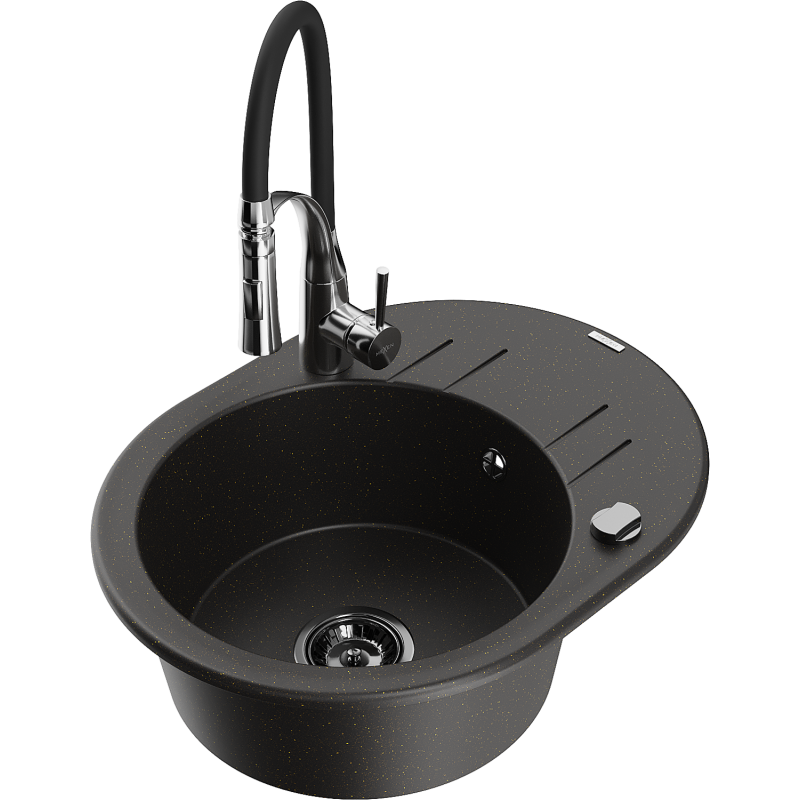 Mexen Kevin lava-loiças de granito de uma bacia com escorredor e torneira de cozinha Aster, preto/dourado metálico