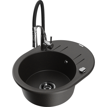 Mexen Kevin granieten spoelbak met 1 bak en afdruiprek en keukenmengkraan Aster, zwart/goud metallic - 6517-75-73450-07-B
