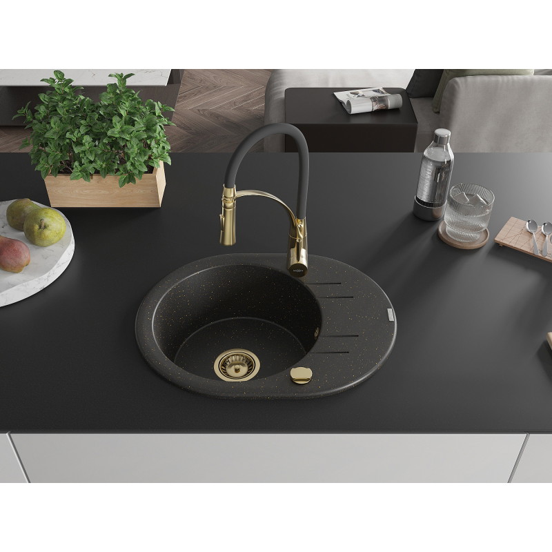 Mexen Kevin granitische spoelbak met 1 bak, afdruiprek en keukenmengkraan Aster, zwart/goud metallic - 6517-75-73450-57-G