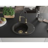 Mexen Kevin granitische gootsteen met 1 bak, afdruiprek en keukenkraan Aster, zwart/goud metallic - 6517-75-73450-57-G
