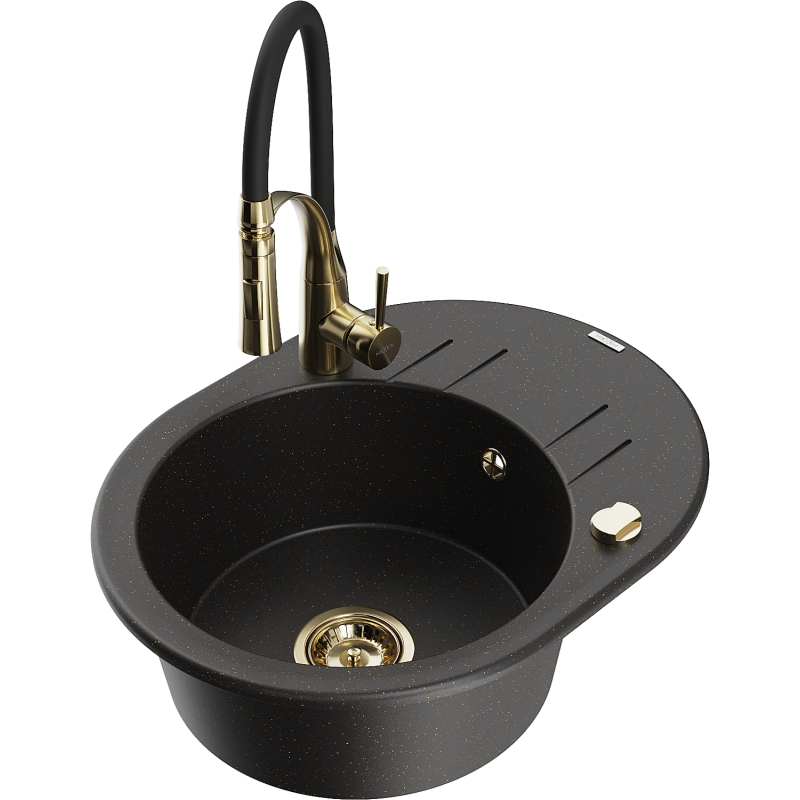 Mexen Kevin fregadero de granito de 1 cámara con escurridor y grifo de cocina Aster, negro/dorado metálico - 6517-75-73450-57-G