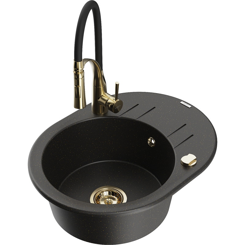 Mexen Kevin granitische spoelbak met 1 bak, afdruiprek en keukenmengkraan Aster, zwart/goud metallic - 6517-75-73450-57-G