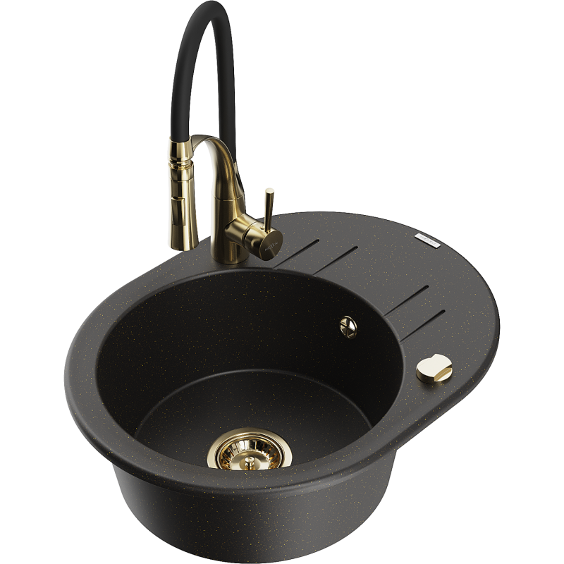 Mexen Kevin single-bowl granite sink with drainer and Aster kitchen tap, black/gold metallic - 6517-75-73450-57-G